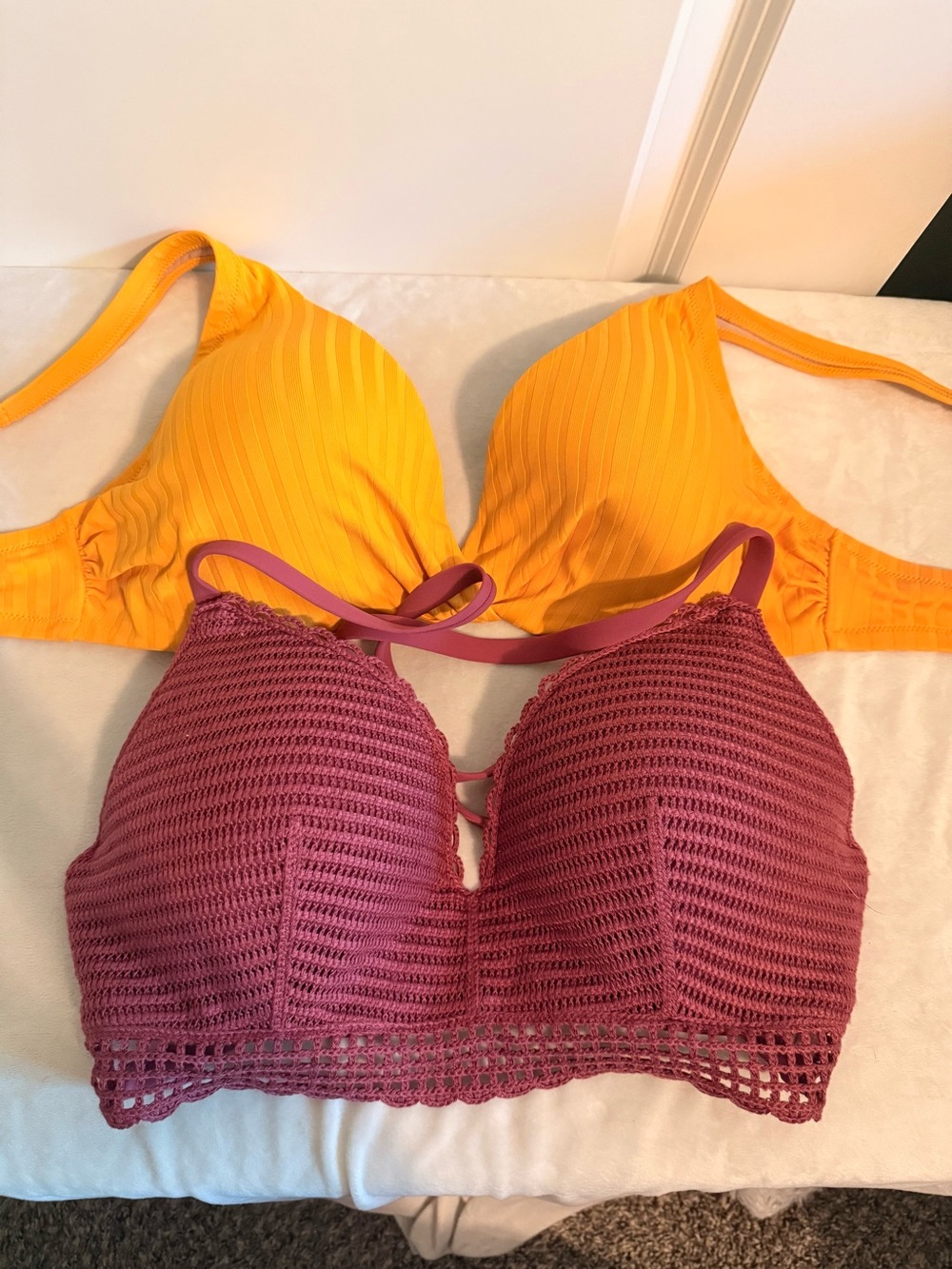 Shade & Shore Crochet Bralette in Mauve with Mustard Ribbed Bikini Top